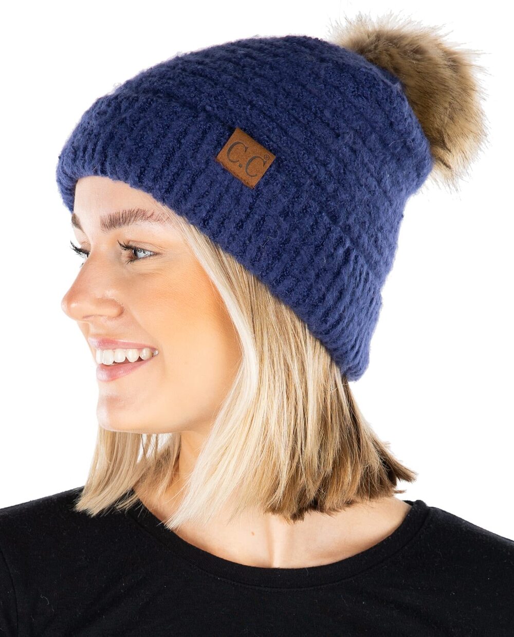 3700 Super Soft Knit Boucle Beanie - Dark Blue Pom